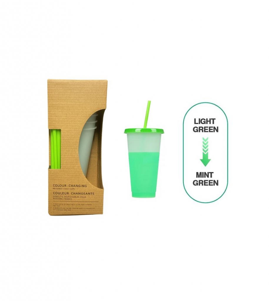 Green 700Ml Colour Changing Drinking Cup & Straw Pack Of 5 - Click Image to Close