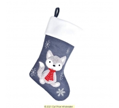Deluxe Plush Grey Knitted Fox Baby Stocking 40cm X 25cm