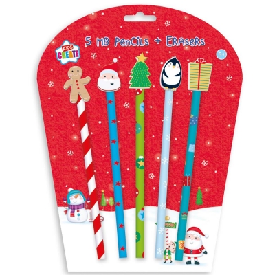 Christmas Activity 5Pk Pencils & Novelty Erasers