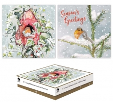 Christmas Cards 12 Square Boxed Trad Robins