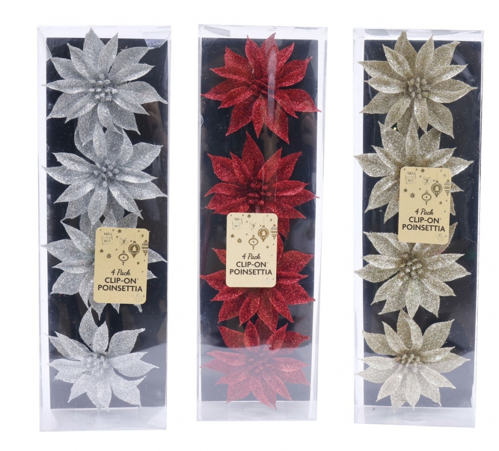 Christmas Clip On Poisettia 4 Pack 9Cm Glitter - Click Image to Close
