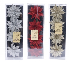 Christmas Clip On Poisettia 4 Pack 9Cm Glitter