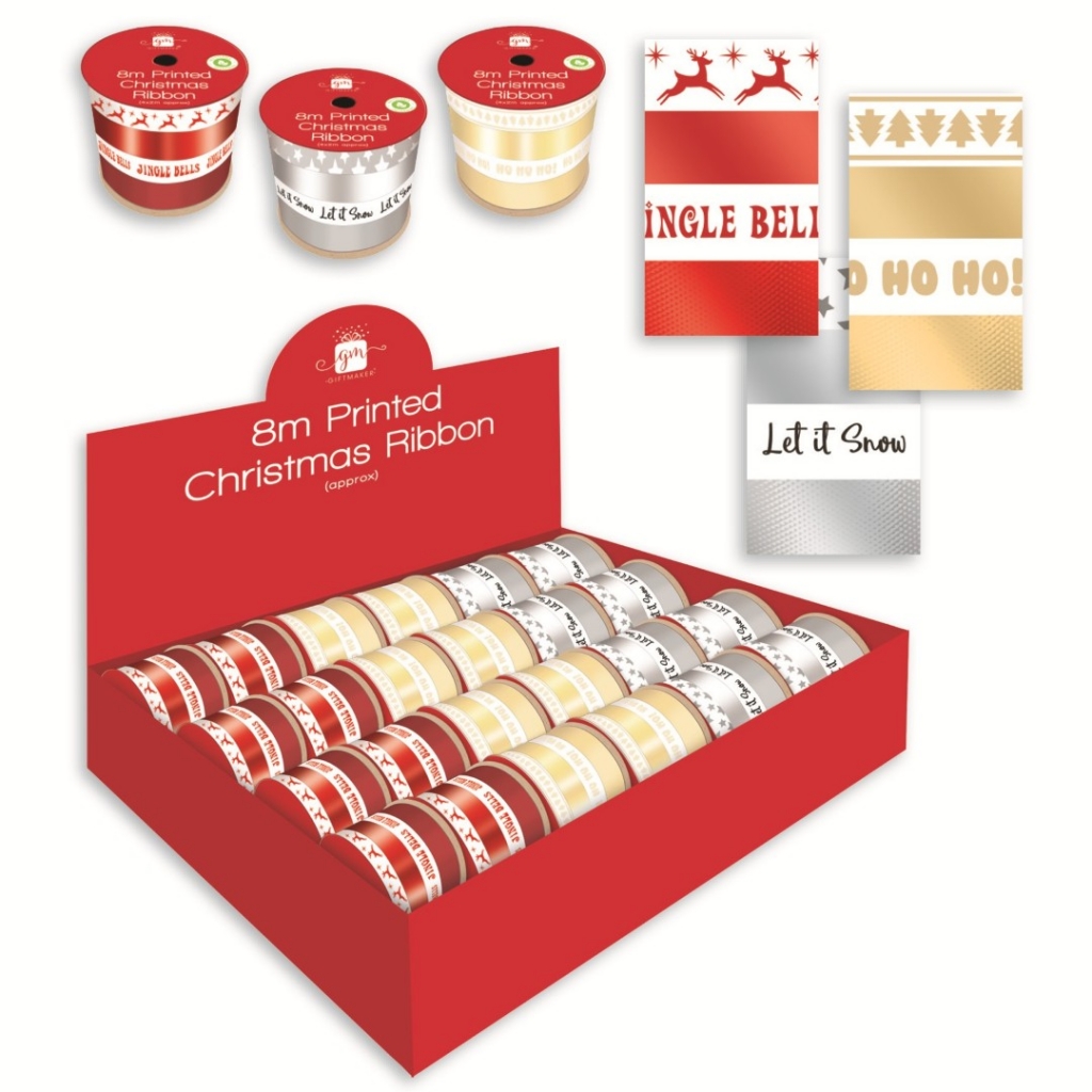 Christmas Printed Ribbon 8m 3 Designs - Click Image to Close