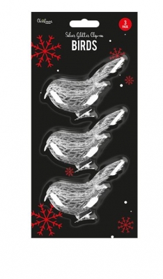 Silver Glittered Clip-On Bird Christmas Decoration - 3 Pack