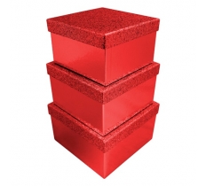 3Pc Red Glitter Square Box