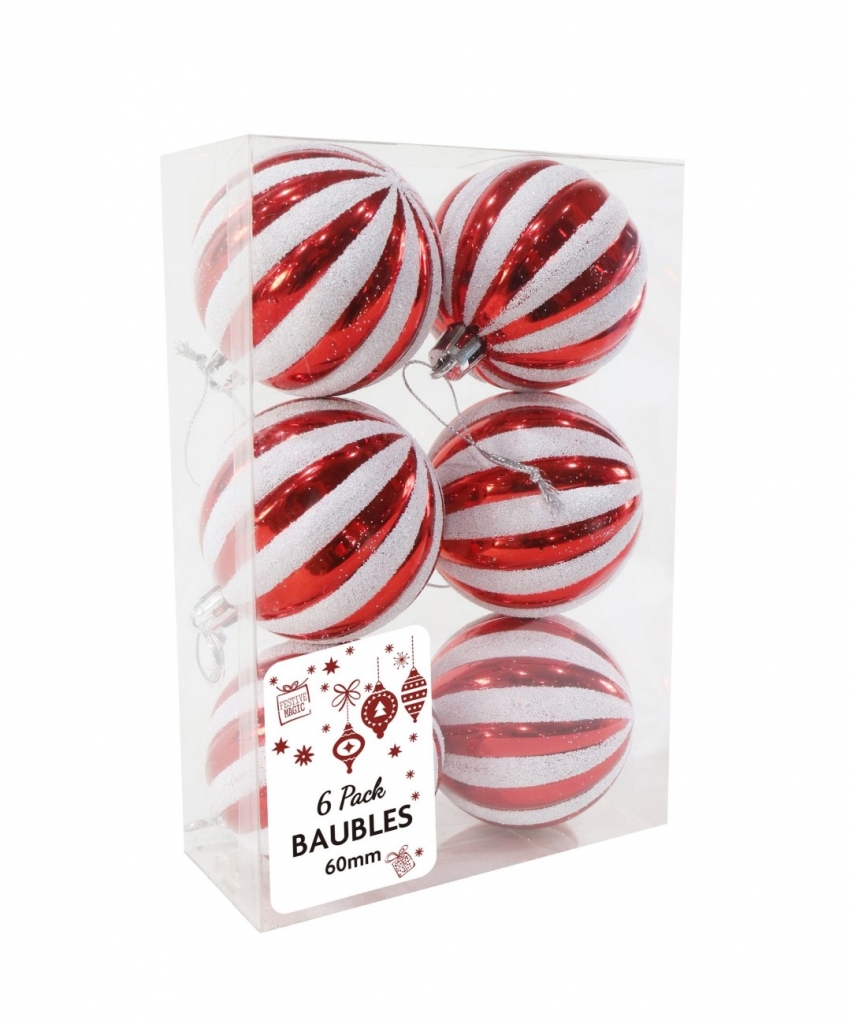 Ribbed Baubles 60Mm 6Pk Glitter - Click Image to Close