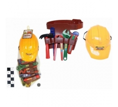 Plastic Construction Helmet With Tools In Net Bag