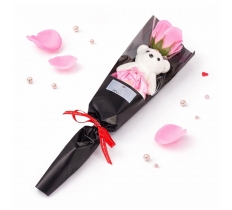 Artificial 40cm Single Pink Rose With White Bear