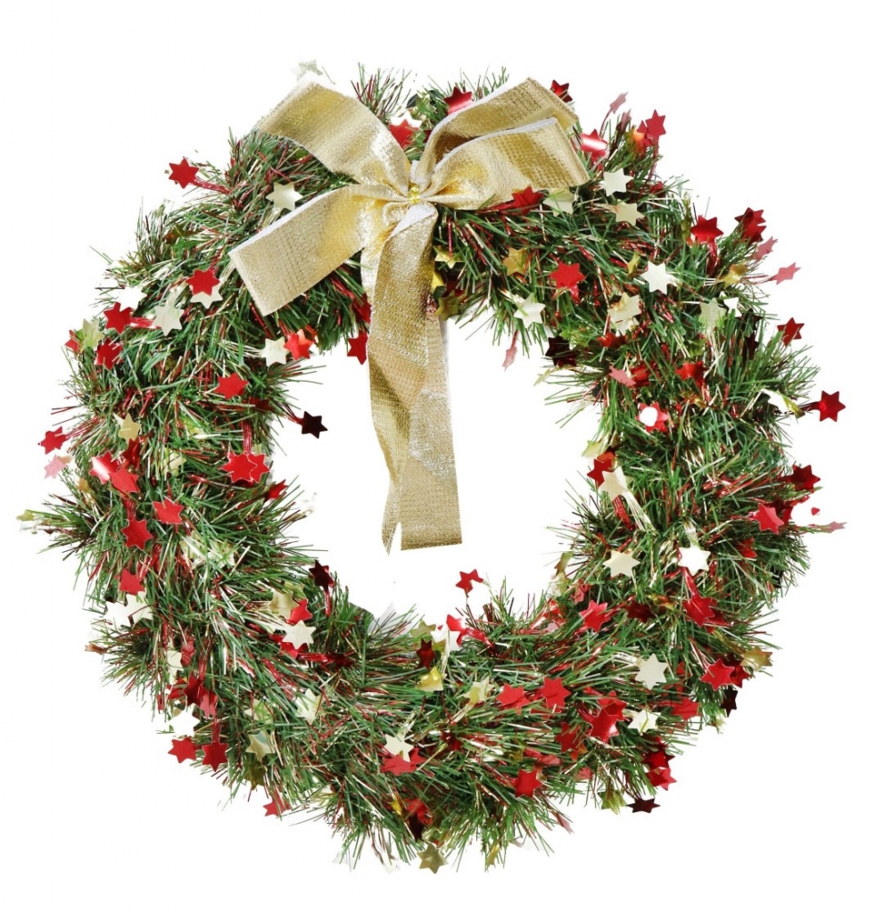 TINSEL WREATH 25cm DECORATED WITH STARS AND BOW - Click Image to Close