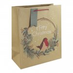 Christmas Kraft Robin Wreath Large Bag(330Mmx455Mmx100Mm)