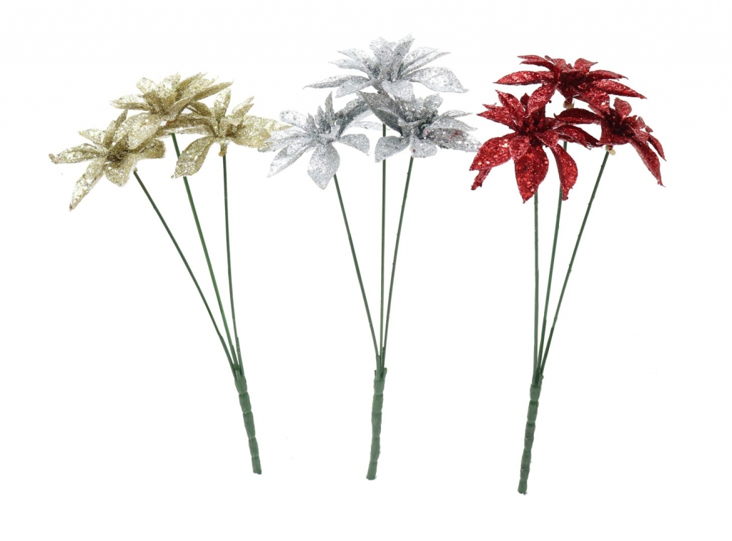 Glitter Poinsettia Bunch 25cm 3 Heads - Click Image to Close