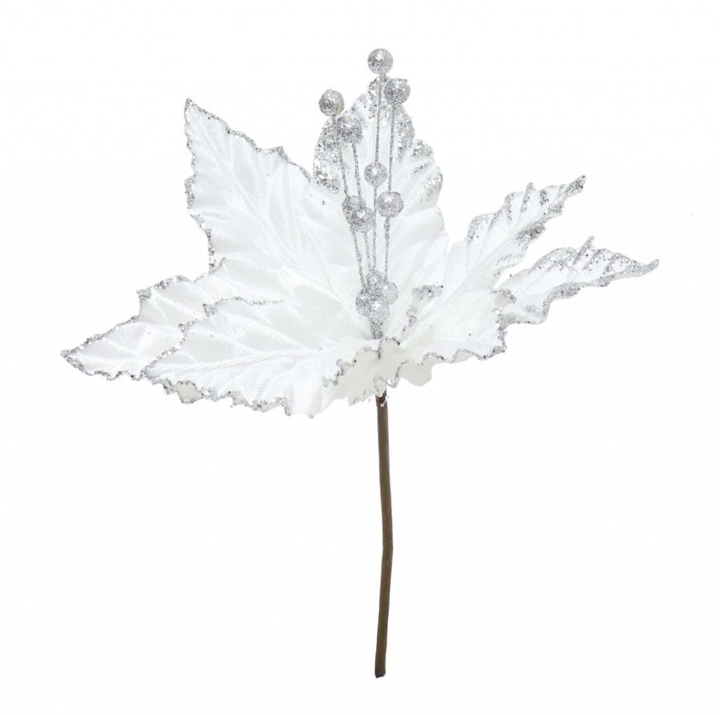Poinsettia Velvet Glitter 22cm White - Click Image to Close
