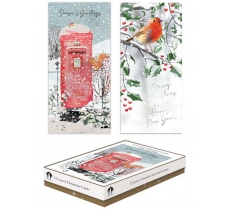 Christmas Cards 12 Slim Boxed Trad Postbox/Robin