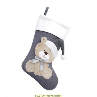 Deluxe Plush Grey Knitted 3D Teddy Stocking 40cm X 25cm