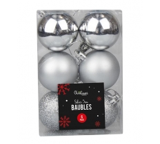 Silver Baubles 5cm 6 Pack ( Assorted Designs )