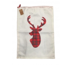 White Hessian Look Santa Sack With Tartan Reindeer