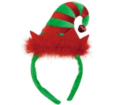 CHRISTMAS ELF HAT HEADBAND WITH FEATHER & BELL DECORATION