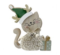 Christmas Wooden Cat & Gift Sage 13 X 13cm