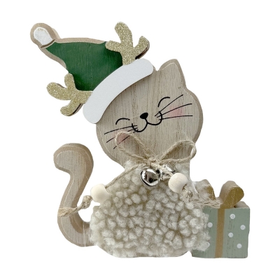 Christmas Wooden Cat & Gift Sage 13 X 13cm