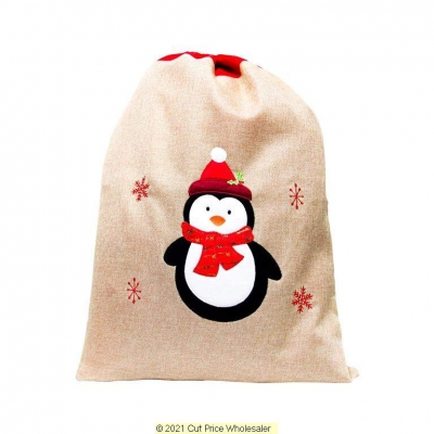 Deluxe Plush Hessian Penguin Christmas Sack 50cm X 70cm