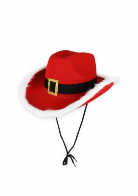 Red Santa Cowboy Hat with Belt, Buckle and White Fur Trim