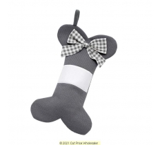 Deluxe Plush Grey Knitted Bone Stocking With Bow 40cm X 25cm