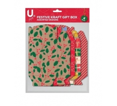 Festive Kraft Gift Box 4 Pack ( Assorted Designs )