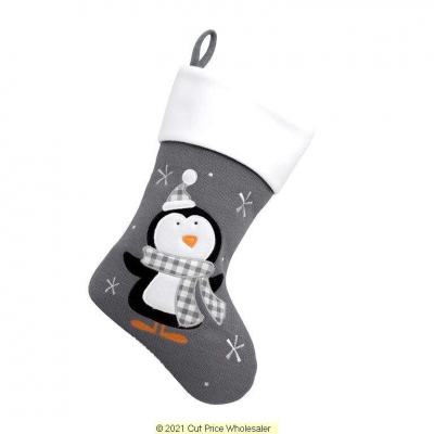 Deluxe Plush Grey Knitted Penguin Stocking 40cm X 25cm