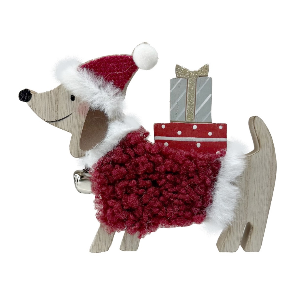 Christmas Wooden Daschund & Gifts 17 X 14CM - Click Image to Close