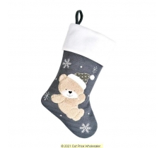 Deluxe Plush Grey Knitted Fluffy Teddy Stocking 40cm X 25cm