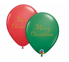 11" Qualatex Green & Red Merry Christmas Balloons