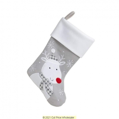 Deluxe Plush Silver Knitted Reindeer Stocking 40cm X 25cm