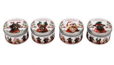 Christmas Dog In Christmas Hat Tin Candle 7.5x5cm