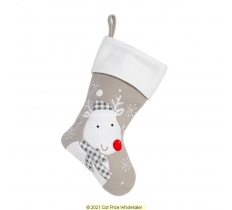 DELUXE PLUSH SILVER WHITE TOP REINDEER STOCKING 40CM X 25CM