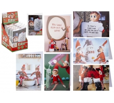 6PK ASST PHOTO ADULT ELF XMAS CARDS IN OPP BAG AND 24PC PDQ.