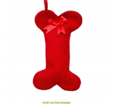 Deluxe Plush Red Knitted Bone Stocking With Bow 40cm X 25cm