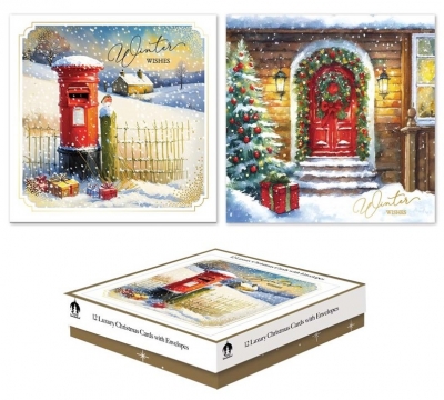 Christmas Cards 12 Square Boxed Postbox / Door