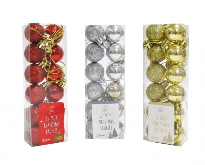 Baubles 30mm 12 Pack ( Assorted Colours )