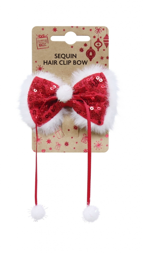 Sequins Bow Hair Clip With Pom Pom - Click Image to Close
