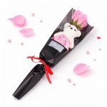 Artificial 40cm Single Pink Rose With White Bear