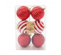 Christmas Baubles 80mm 6pk Swirl Red