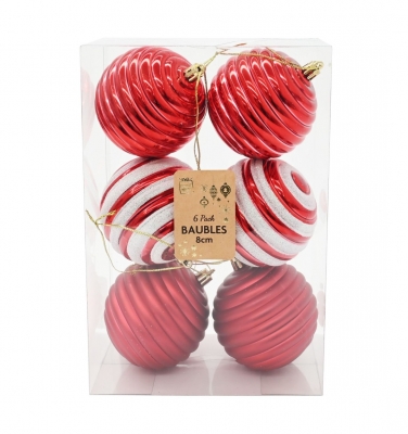 Christmas Baubles 80mm 6pk Swirl Red