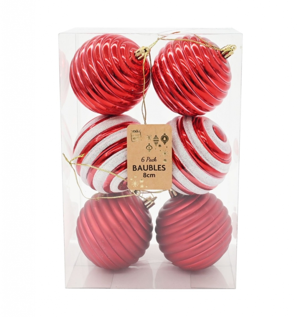 Christmas Baubles 80mm 6pk Swirl Red - Click Image to Close