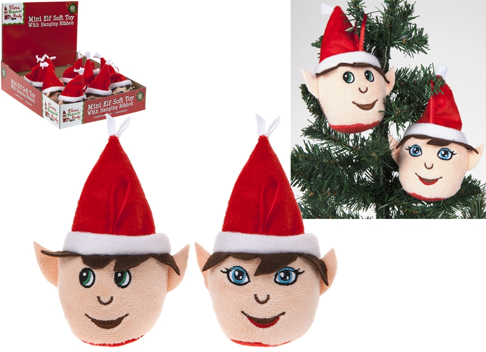 3.5" Boy/Girl Plush Elf Head On Hanging String - Click Image to Close