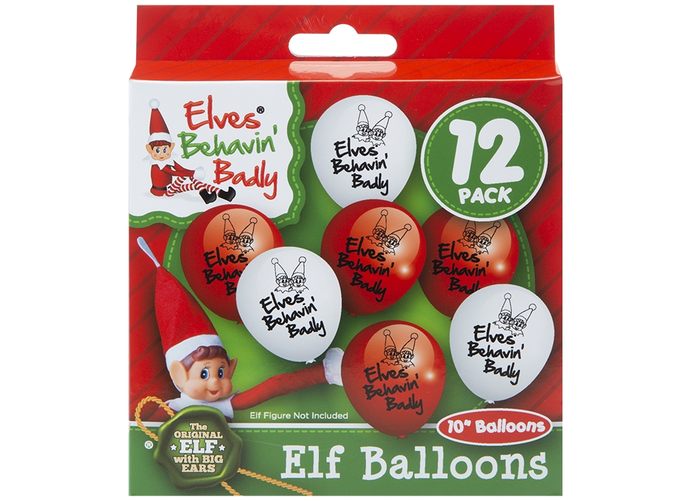 10" Printed Elf Balloons In Hanging Box Pack Of 12 - Click Image to Close