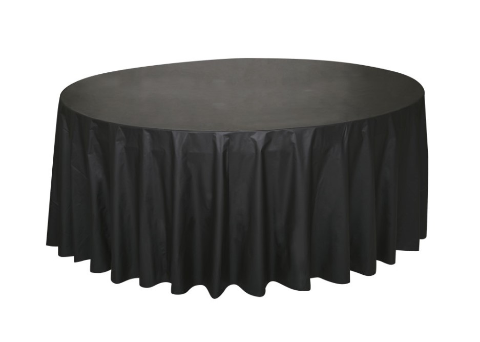 Black Solid Round Plastic Table Cover 84" - Click Image to Close