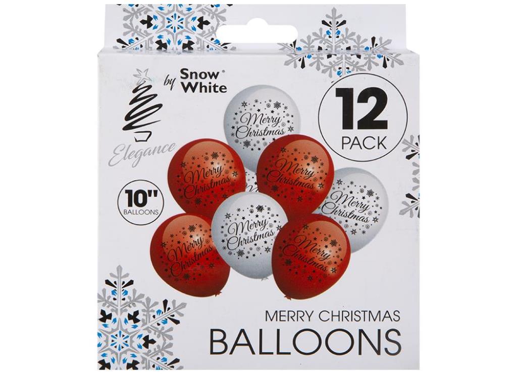 10" Printed Christmas Balloons In Hanging Box Pack Of 12 - Click Image to Close