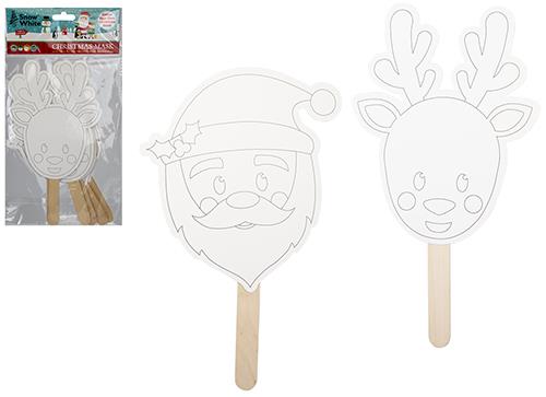 Colour Your Own Christmas Masks On Sticks Set Of 6 - Click Image to Close