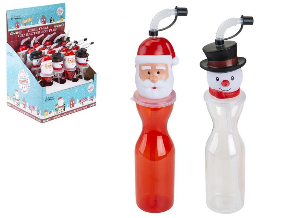 Santa / Snowman Head Plastic Bottle With Flexi Straw 500Ml - Click Image to Close