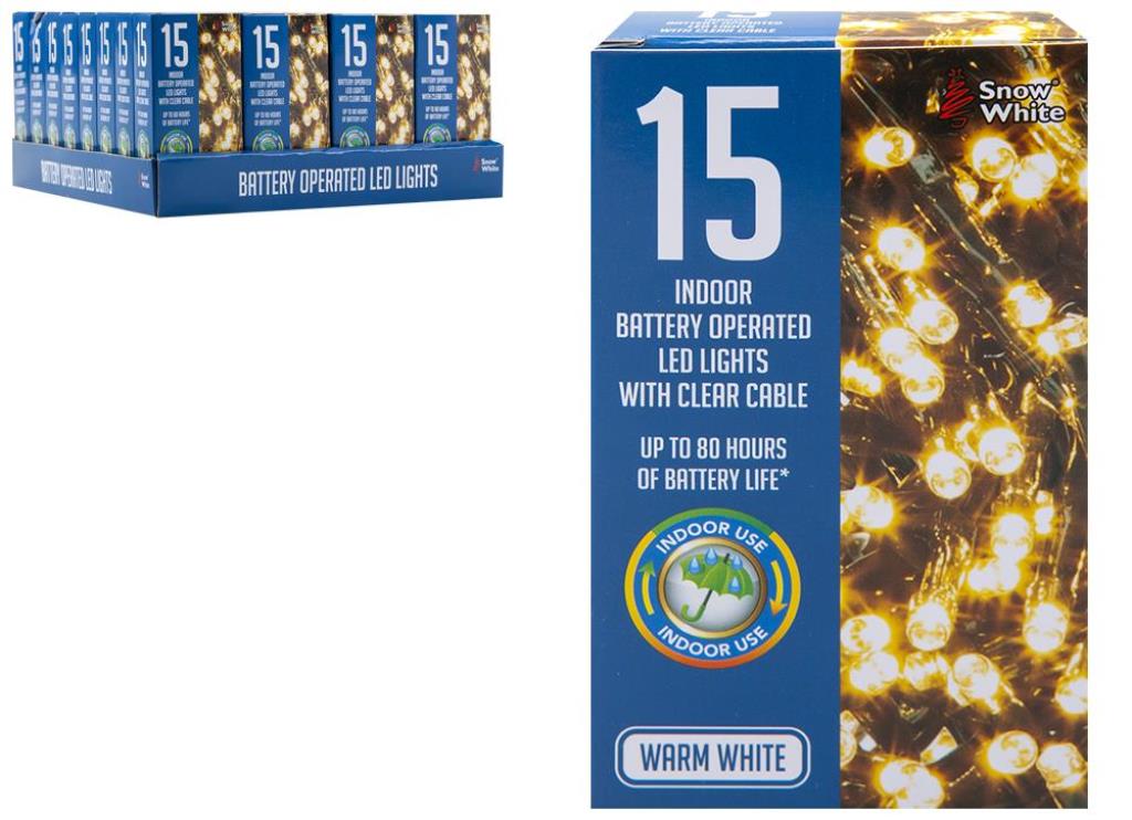 15 Battery Operated LED Lights Warm White - Click Image to Close